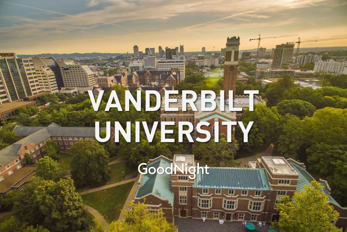 A sweeping view of Vanderbilt University’s iconic buildings and clock tower set against the Nashville skyline, surrounded by lush greenery. The scene captures the heart of campus life, with students and visitors exploring open outdoor spaces and participating in community events.